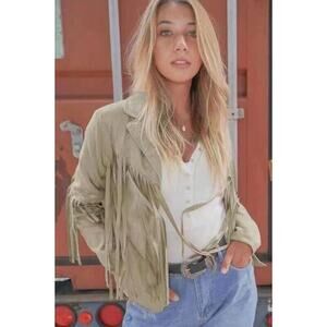 NEW! Western Fringe Soft Faux Suede Open Style Lined Jacket Coat L Light Tan